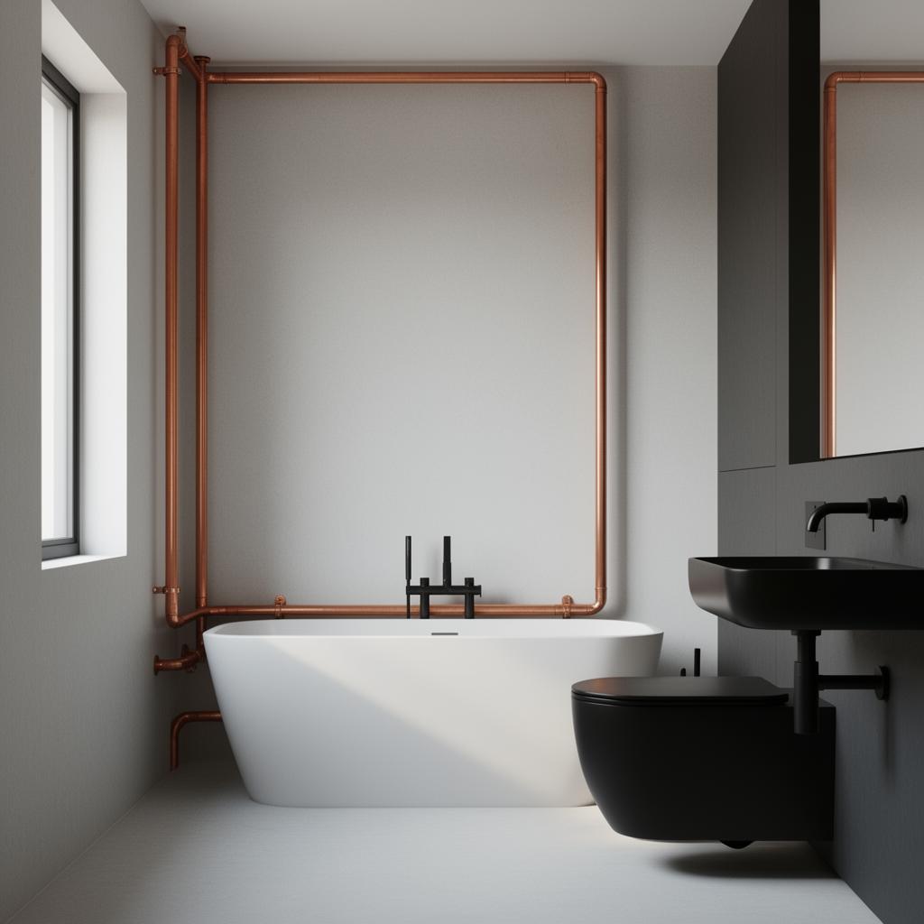 Salle de bain moderne avec plomberie en cuivre et robinetterie noire mate