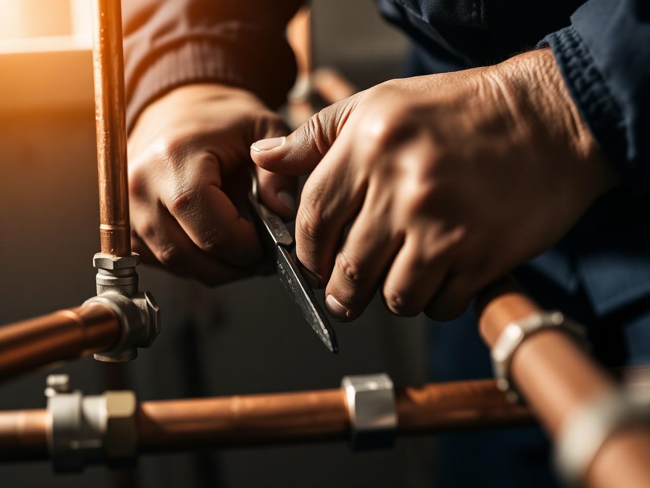 Plombier travaillant sur des canalisations en cuivre avec précision